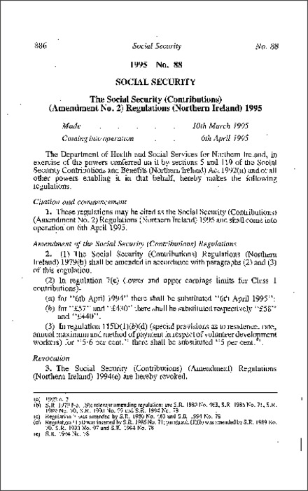 The Social Security (Contributions) (Amendment No. 2) Regulations (Northern Ireland) 1995