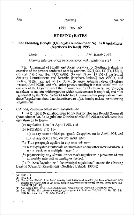 The Housing Benefit (General) (Amendment No. 3) Regulations (Northern Ireland) 1995