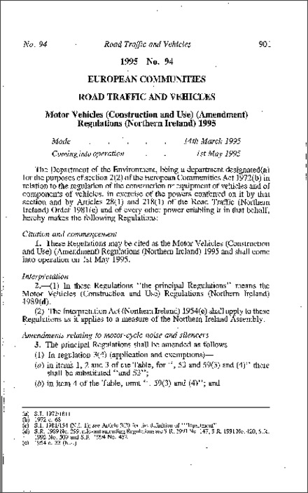 The Motor Vehicles (Construction and Use) (Amendment) Regulations (Northern Ireland) 1995