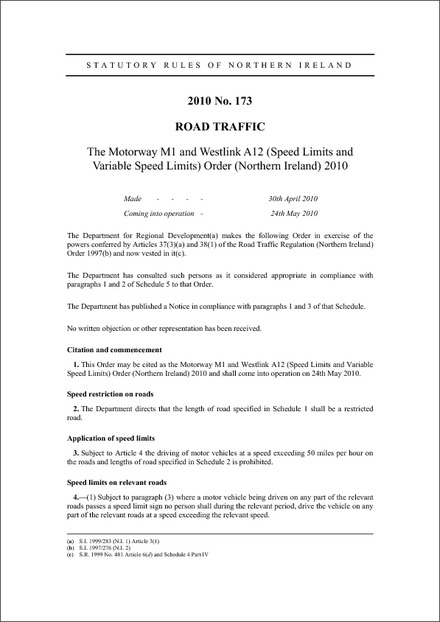 The Motorway M1 and Westlink A12 (Speed Limits and Variable Speed Limits) Order (Northern Ireland) 2010