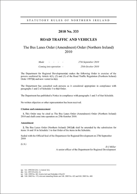 The Bus Lanes Order (Amendment) Order (Northern Ireland) 2010