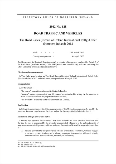 The Road Races (Circuit of Ireland International Rally) Order (Northern Ireland) 2012