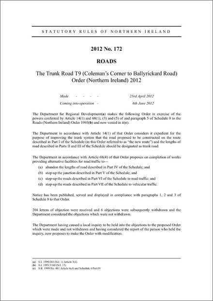 The Trunk Road T9 (Coleman's Corner to Ballyrickard Road) Order (Northern Ireland) 2012
