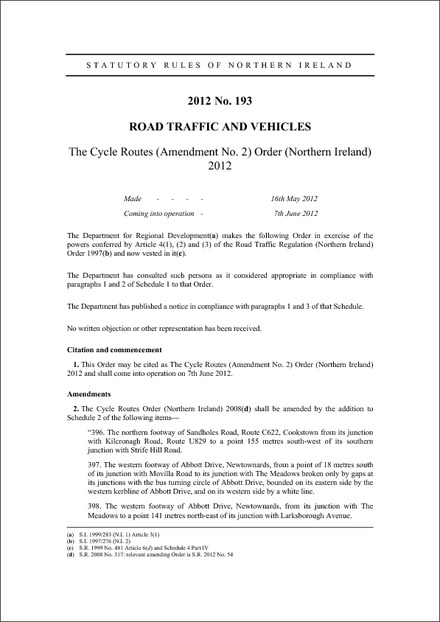The Cycle Routes (Amendment No. 2) Order (Northern Ireland) 2012