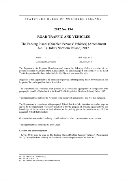 The Parking Places (Disabled Persons’ Vehicles) (Amendment No. 3) Order (Northern Ireland) 2012