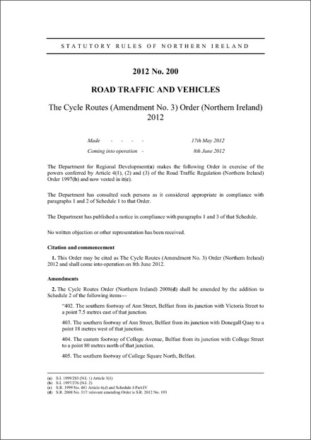 The Cycle Routes (Amendment No. 3) Order (Northern Ireland) 2012