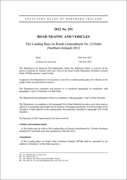 The Loading Bays on Roads (Amendment No. 2) Order (Northern Ireland) 2012