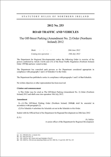 The Off-Street Parking (Amendment No. 2) Order (Northern Ireland) 2012