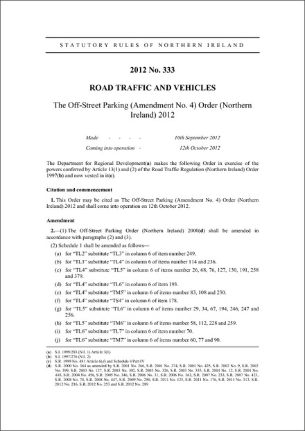 The Off-Street Parking (Amendment No. 4) Order (Northern Ireland) 2012