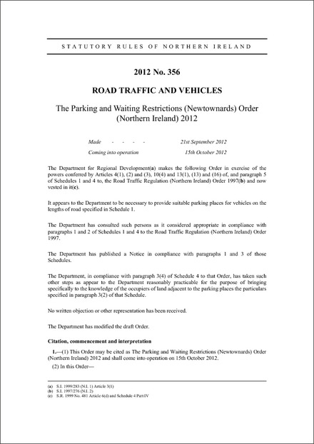 The Parking and Waiting Restrictions (Newtownards) Order (Northern Ireland) 2012