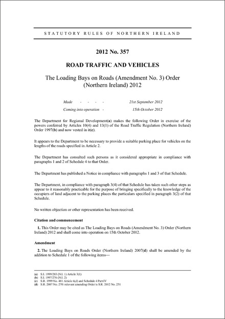 The Loading Bays on Roads (Amendment No. 3) Order (Northern Ireland) 2012