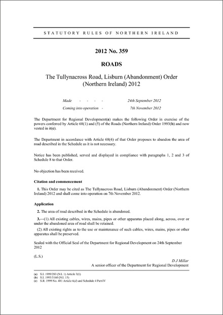 The Tullynacross Road, Lisburn (Abandonment) Order (Northern Ireland) 2012