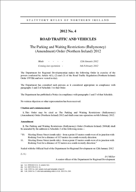 The Parking and Waiting Restrictions (Ballymoney) (Amendment) Order (Northern Ireland) 2012