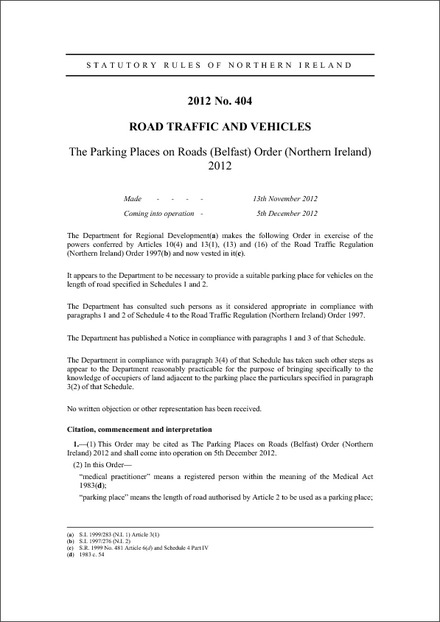 The Parking Places on Roads (Belfast) Order (Northern Ireland) 2012