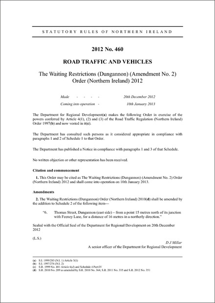 The Waiting Restrictions (Dungannon) (Amendment No. 2) Order (Northern Ireland) 2012