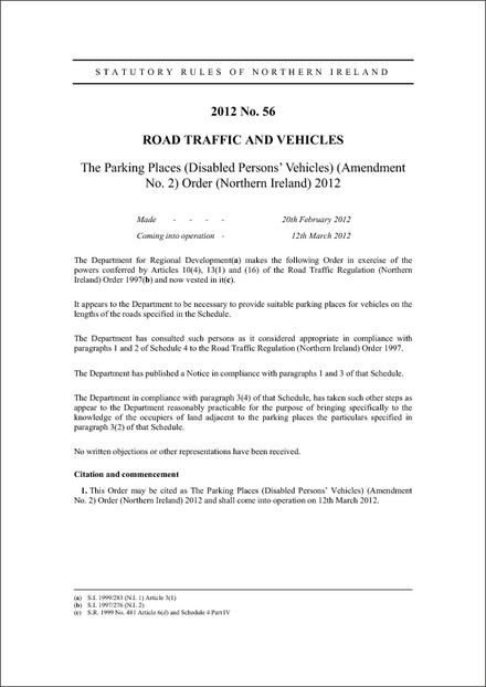 The Parking Places (Disabled Persons' Vehicles) (Amendment No. 2) Order (Northern Ireland) 2012