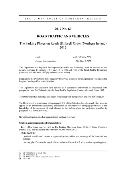 The Parking Places on Roads (Kilkeel) Order (Northern Ireland) 2012