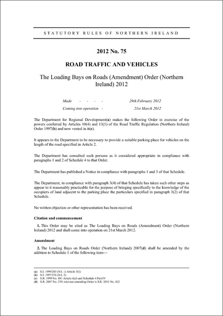 The Loading Bays on Roads (Amendment) Order (Northern Ireland) 2012
