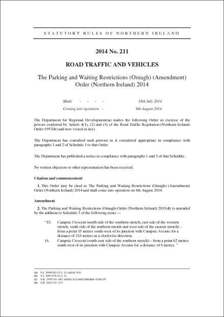 The Parking and Waiting Restrictions (Omagh) (Amendment) Order (Northern Ireland) 2014