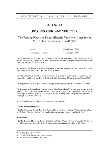 The Parking Places on Roads (Electric Vehicles) (Amendment No. 2) Order (Northern Ireland) 2014