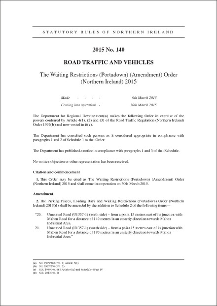 The Waiting Restrictions (Portadown) (Amendment) Order (Northern Ireland) 2015