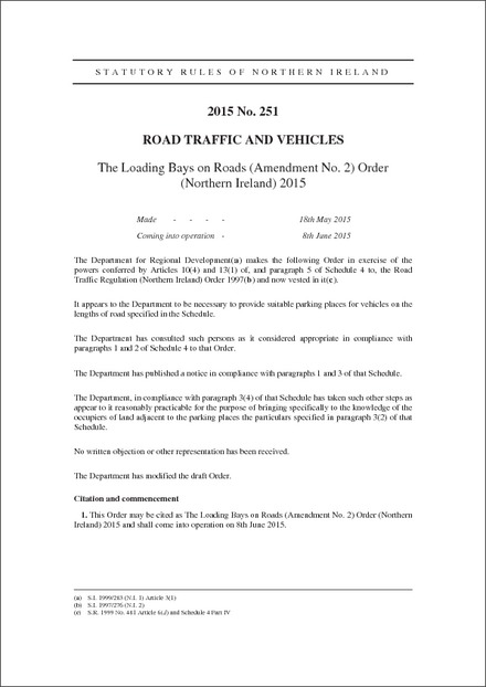 The Loading Bays on Roads (Amendment No. 2) Order (Northern Ireland) 2015