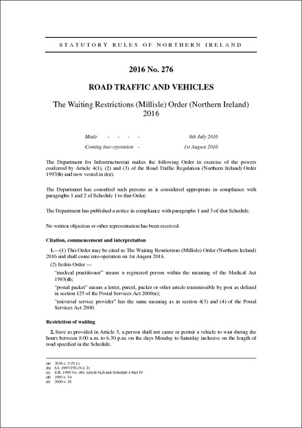 The Waiting Restrictions (Millisle) Order (Northern Ireland) 2016