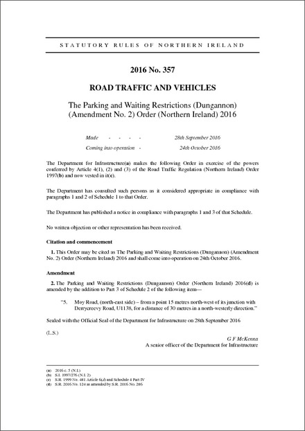 The Parking and Waiting Restrictions (Dungannon) (Amendment No. 2) Order (Northern Ireland) 2016