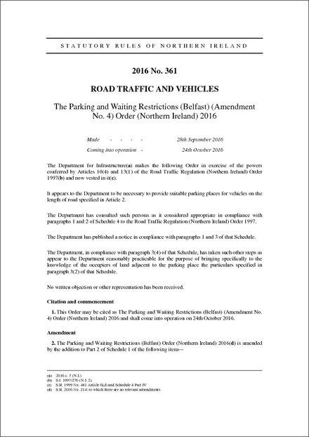 The Parking and Waiting Restrictions (Belfast) (Amendment No. 4) Order (Northern Ireland) 2016