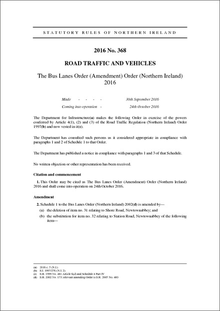 The Bus Lanes Order (Amendment) Order (Northern Ireland) 2016