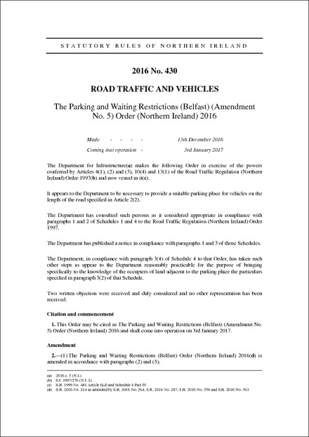 The Parking and Waiting Restrictions (Belfast) (Amendment No. 5) Order (Northern Ireland) 2016
