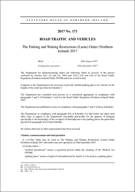 The Parking and Waiting Restrictions (Larne) Order (Northern Ireland) 2017