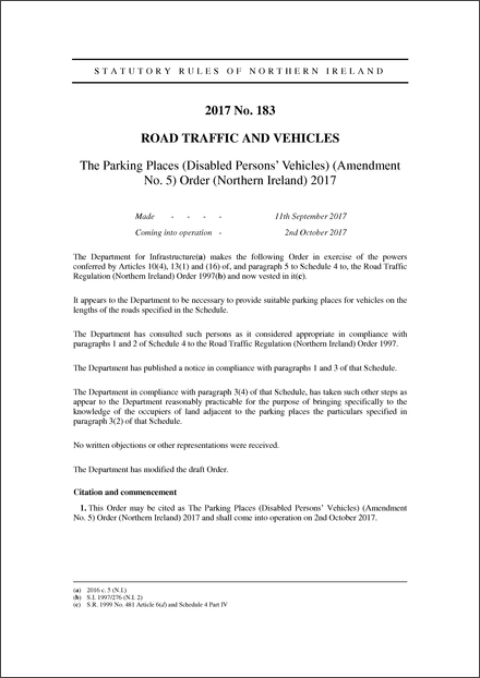 The Parking Places (Disabled Persons’ Vehicles) (Amendment No. 5) Order (Northern Ireland) 2017