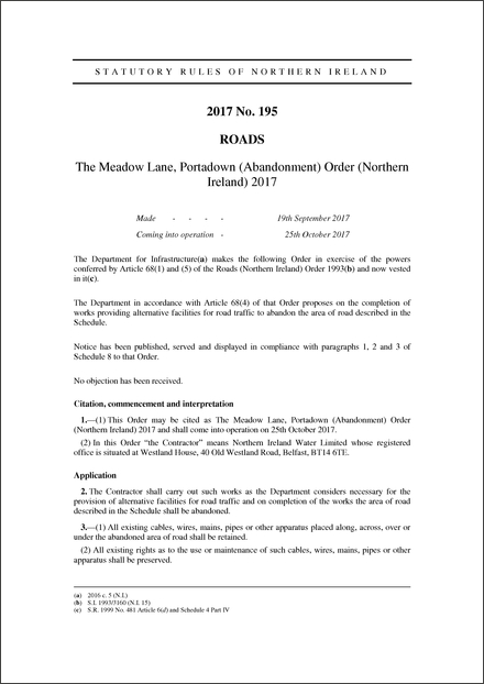 The Meadow Lane, Portadown (Abandonment) Order (Northern Ireland) 2017