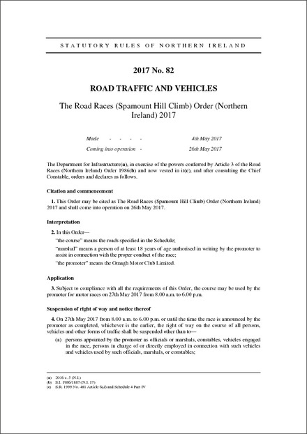 The Road Races (Spamount Hill Climb) Order (Northern Ireland) 2017