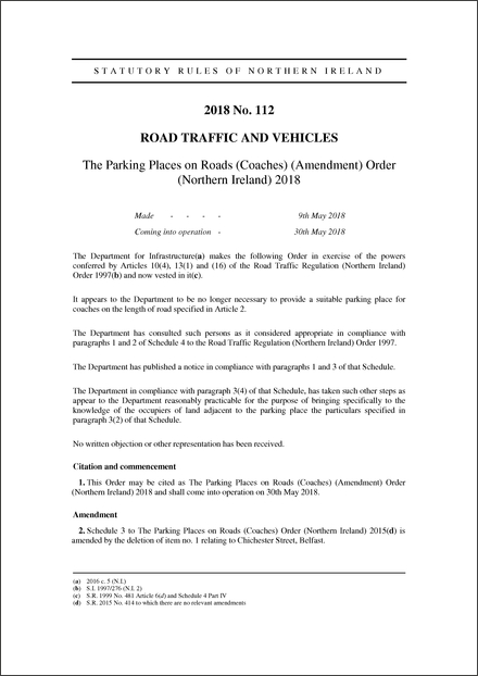 The Parking Places on Roads (Coaches) (Amendment) Order (Northern Ireland) 2018