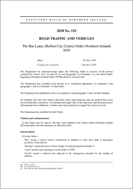 The Bus Lanes (Belfast City Centre) Order (Northern Ireland) 2018