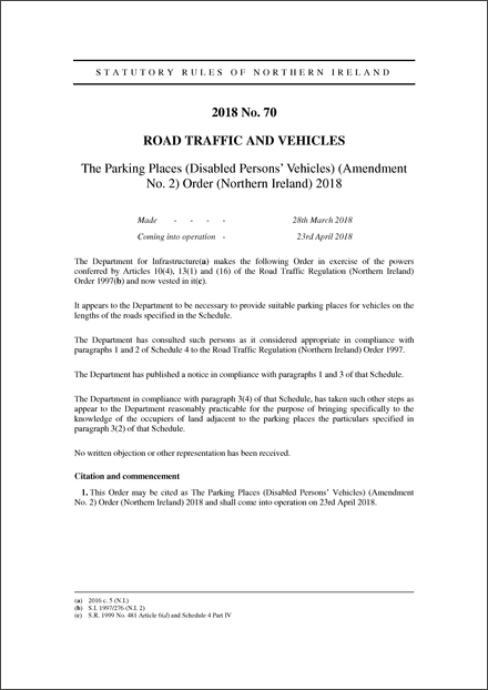 The Parking Places (Disabled Persons’ Vehicles) (Amendment No. 2) Order (Northern Ireland) 2018