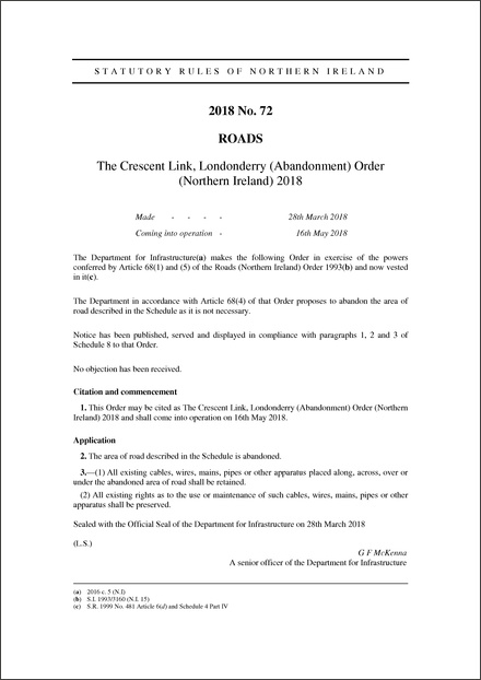 The Crescent Link, Londonderry (Abandonment) Order (Northern Ireland) 2018