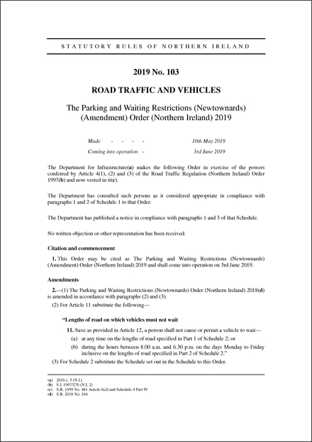 The Parking and Waiting Restrictions (Newtownards) (Amendment) Order (Northern Ireland) 2019
