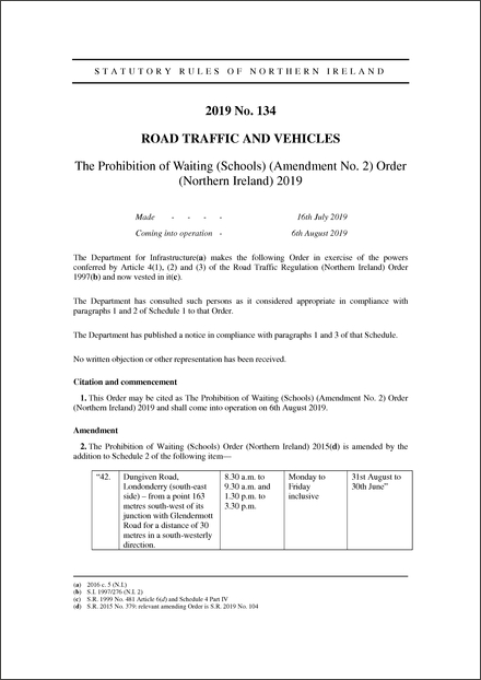 The Prohibition of Waiting (Schools) (Amendment No. 2) Order (Northern Ireland) 2019