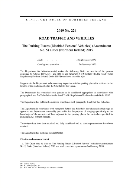 The Parking Places (Disabled Persons’ Vehicles) (Amendment No. 5) Order (Northern Ireland) 2019