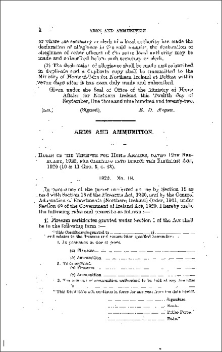 The Arms and Ammunition Rules (Northern Ireland) 1922