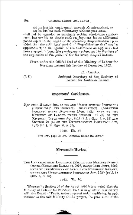 The Unemployment Insurance (Mercantile Marine) Special Order (Northern Ireland) 1922