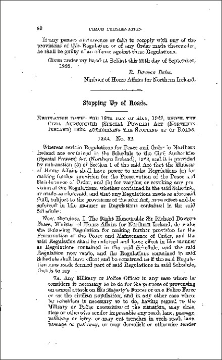 The Stopping Up of Roads Order (Northern Ireland) 1922