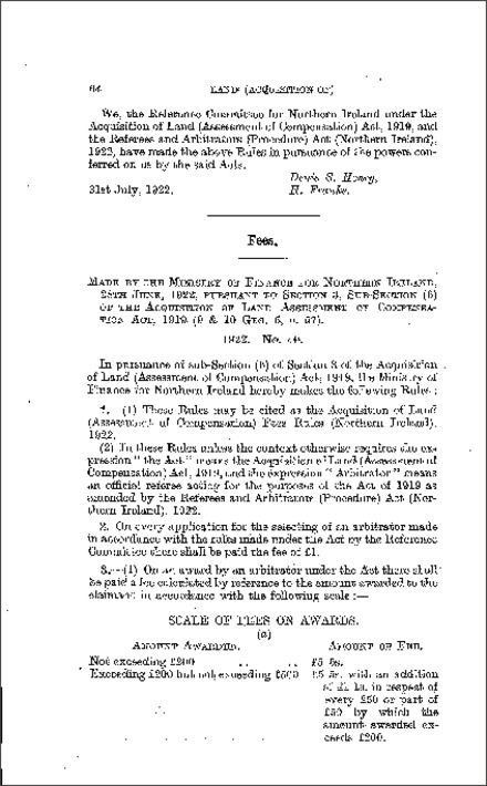 The Acquisition of Land (Assessment of Compensation) Fees Rules (Northern Ireland) 1922