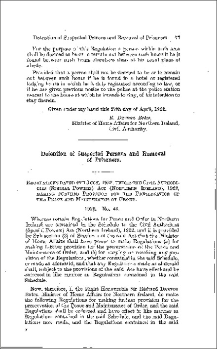 The Detention of Suspected Persons and Removal of Prisoners Regulations (Northern Ireland) 1922