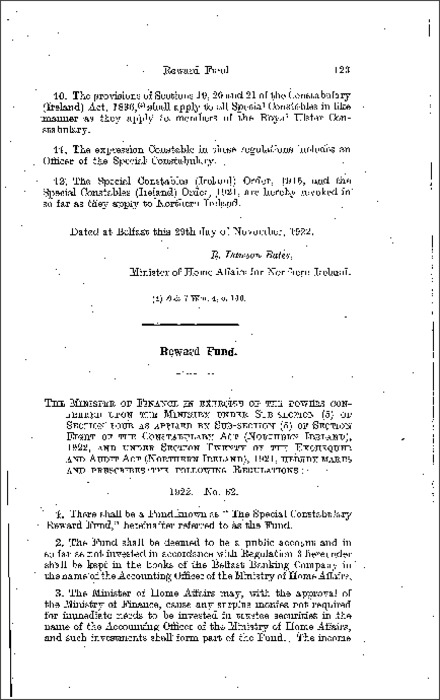 The Special Constabulary Reward Fund Regulations (Northern Ireland) 1922