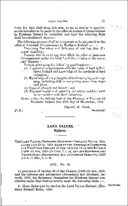The Land Values (Referee) Rules (Northern Ireland) 1922