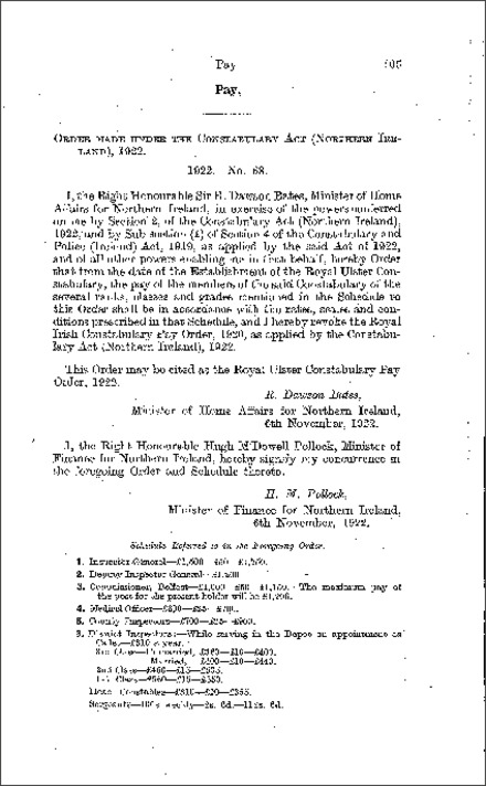 The Royal Ulster Constabulary Pay Order (Northern Ireland) 1922